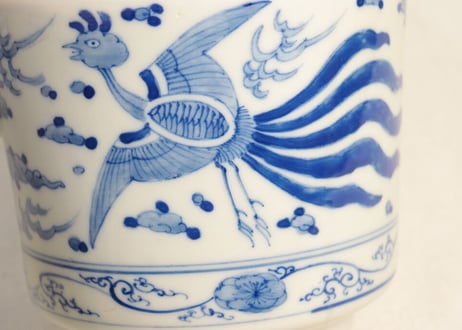 明治前期染付鳳凰図銚子 共箱付き,2ｐセット/ニュウ,蓋小ホツ複数