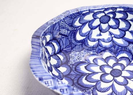 明治前期ベロ藍花図９寸鉢　ノミホツ