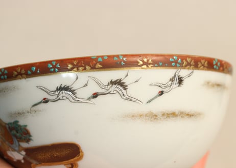明治前期九谷焼色絵高砂図飯茶碗②蓋ノミホツ,高台ホツ