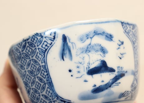 大正～昭和戦前ゴム判山水図に七宝文向付