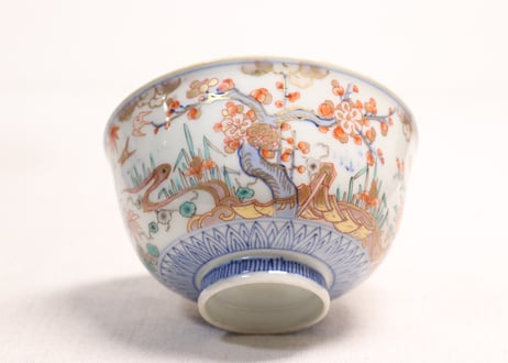明治前期色絵三方松竹梅と花鳥図通り物飯茶碗