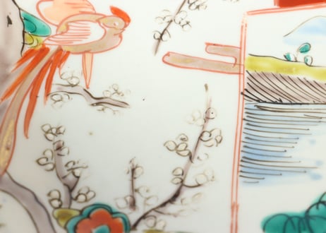 明治前期色絵山水と花鳥図割絵6寸鉢　ノミホツ,膨れ