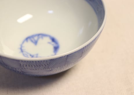 明治前期染付羽根市松図通り物飯茶碗