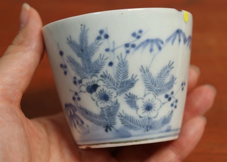 江戸中期紙刷古印判松竹梅図猪口　直し,高台小ホツ