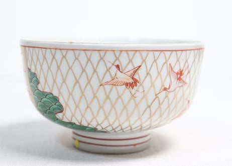明治前期色絵網手に鶴と梅に鶯図通り物蒸茶碗②高台ホツ,高台内柄無し
