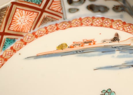 明治前期色絵山水図縁立六弁5寸皿