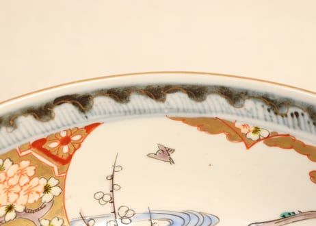 明治前期色絵牡丹と桜に鶴図7寸鉢
