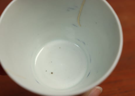 江戸中期紙刷古印判花と唐草図猪口　ニュウ直し,ノミホツ
