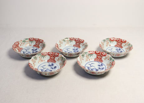 江戸中期色絵竹梅に亀甲菱花図なます皿①5客組　窯傷
