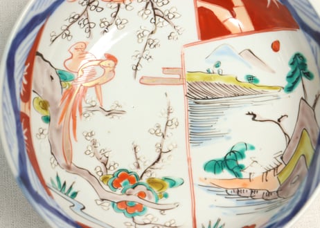 明治前期色絵山水と花鳥図割絵6寸鉢　ノミホツ,膨れ