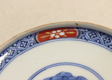 明治前期色絵松竹梅に福寿文字図蒸茶碗 シミあり