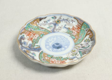 明治前期色絵鶴と松竹梅図通り物小皿