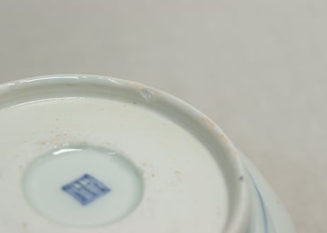 江戸幕末色絵牡丹と青玉図通り物なます皿　染料飛び,窯傷