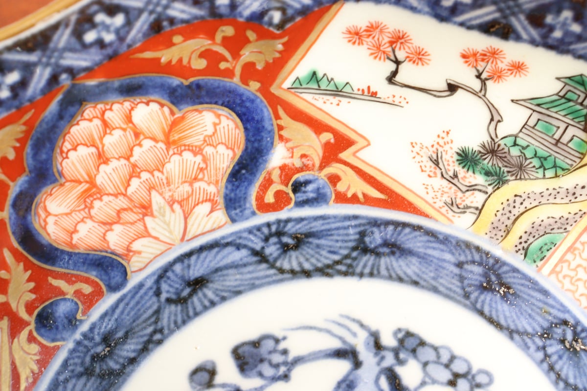17　古伊万里　輪花　色絵山水図　大明成化年製銘　江戸中期　中皿　5客 17 古伊万里 輪花 色絵山水図 大明成化年製銘 江戸中期 中皿 5客