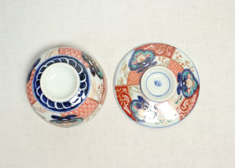 明治前期色絵市松に松竹梅図蒸茶碗②窯傷