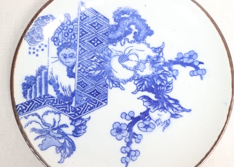 明治後期～大正銅判獅子牡丹図イゲ縁８寸皿