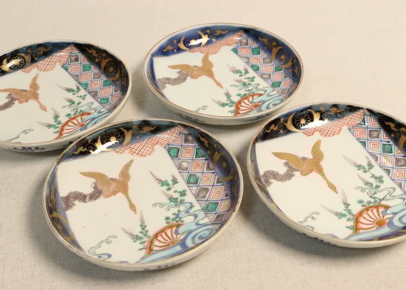 江戸末〜明治　色備前　色絵　蓑亀　煎餅皿　5客セット 明治前期色絵流水に水鳥図小皿① | 吉祥寺PukuPuku