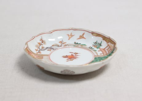 明治前期色絵網手に鶴と梅に鶯図通り物小皿②窯傷