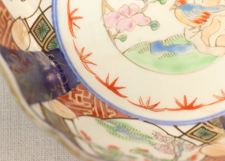 江戸幕末色絵牡丹と花鳥図なます皿