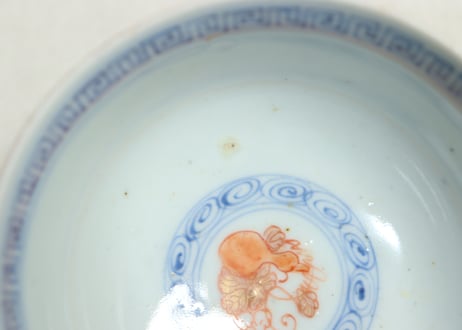 明治前期色絵瓢箪に蝶と花鳥図飯茶碗②高台ホツ,窯傷