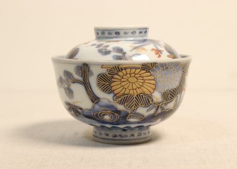 明治前期金彩染付四君子図飯茶碗