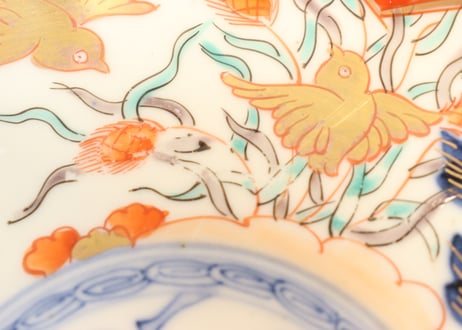 明治前期色絵芦に鳥と牡丹図通り物7寸皿②少甘手,少かたつき