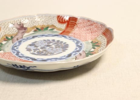 明治前期色絵桜に万年青図通り物7寸皿①