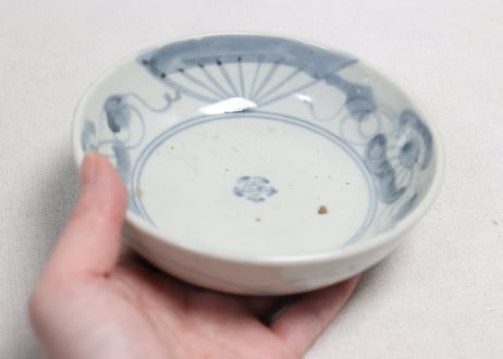 江戸中期染付扇面と巾着図くらわんかなます皿③薄め,フリモノ,窯傷