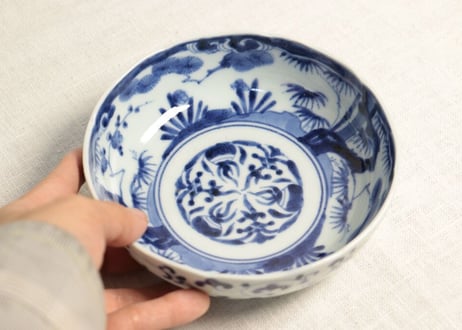 江戸中期染付二方松竹梅図なます皿 高台ホツ
