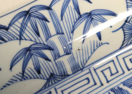 江戸幕末線描き山水と牡丹図角皿　ムシクイ,ノミホツ