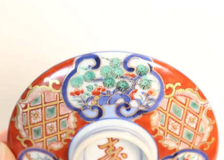明治後期～大正大聖寺焼色絵雲鶴と松竹梅図つぼ碗