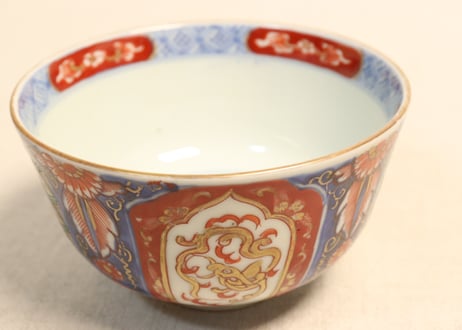 明治前期色絵四方に龍と鳳凰図通り物飯茶碗