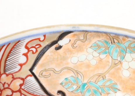 明治前期色絵牡丹と山葡萄図通りもの7寸皿