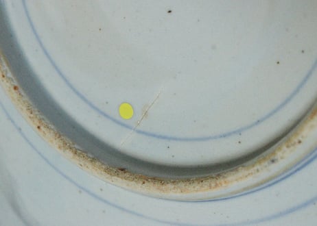 明治前期紙刷桜と海老図9寸角皿　窯傷