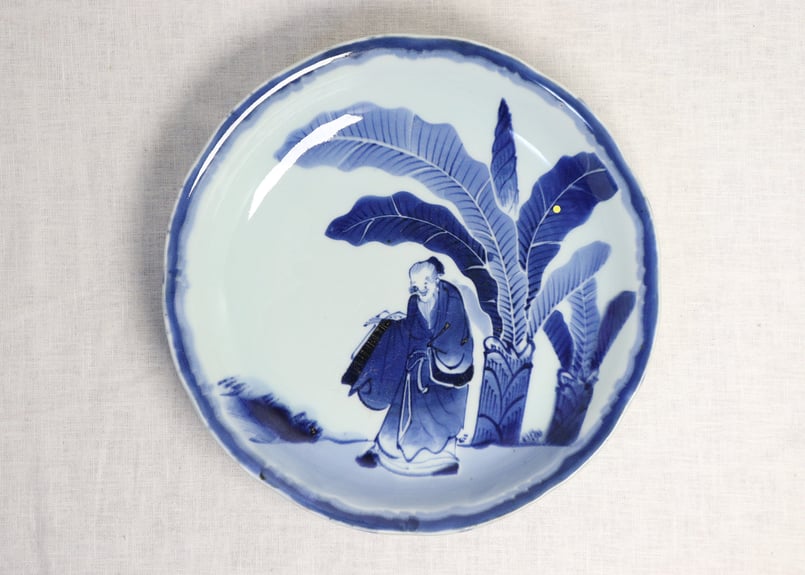 江戸　古伊万里　お盆　大皿　古染付　芭蕉人物文　菓子器　Q1671 江戸 古伊万里 お盆 大皿 古染付 芭蕉人物文 菓子器 Q1671