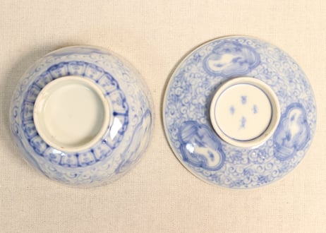 明治前期染付三方に山水窓絵と萩唐草図イゲ縁通り物蒸茶碗