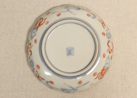 明治前期色絵桃に山水と鳥籠図通り物小皿①5客組