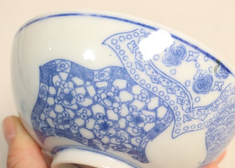 明治後期～大正銅判幾何学文に花と割絵図飯茶碗