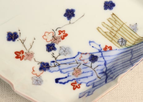 明治後期～大正色絵紅葉と鳥図縁立菱形皿②釉剥げ