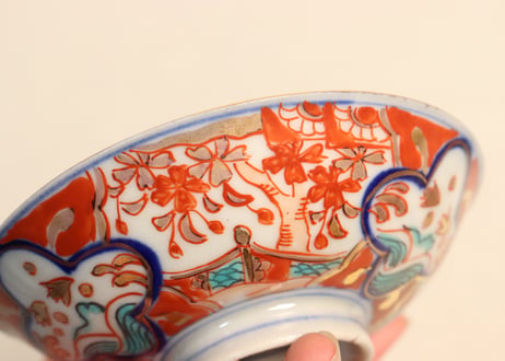 明治後期～大正色絵桜と波千鳥図通り物飯茶碗