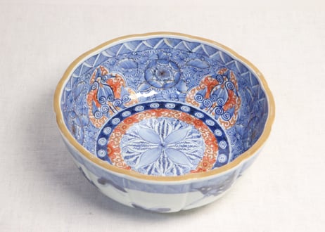 江戸幕末赤絵金彩三方に牡丹図7寸鉢 2pセット,共箱付き（安政三年）