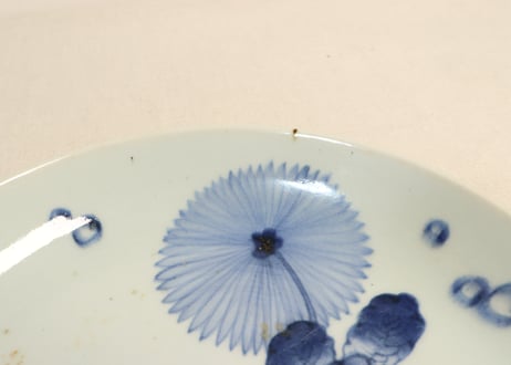 江戸後期染付流水に菊図9寸皿②フリモノ,少甘手