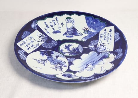 明治前期染付寿老人他窓絵図大皿