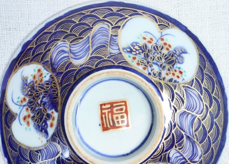明治前期色絵草花に波図蒸茶碗①　 色擦れ