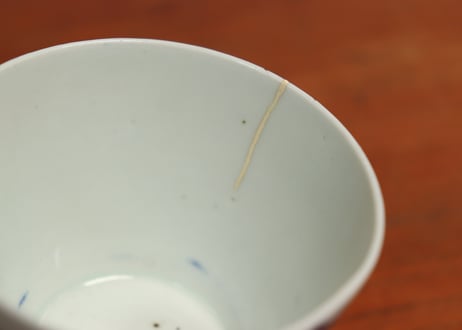 江戸中期紙刷古印判花と唐草図猪口　ニュウ直し,ノミホツ