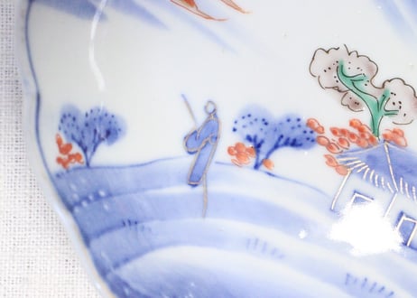 明治前期色絵山水図なます皿　釉弾き