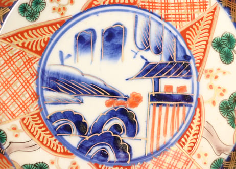 明治前期色絵山水と桐と松梅図縁立ち6寸皿②　少かたつき