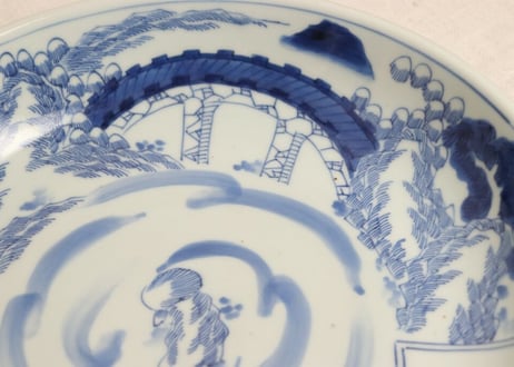 江戸幕末染付竹林雀と山水図尺皿