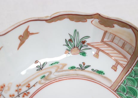 明治前期色絵網手に鶴と梅に鶯図通り物なます皿