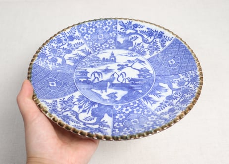 明治後期～大正銅判割絵と山水図イゲ縁８寸皿